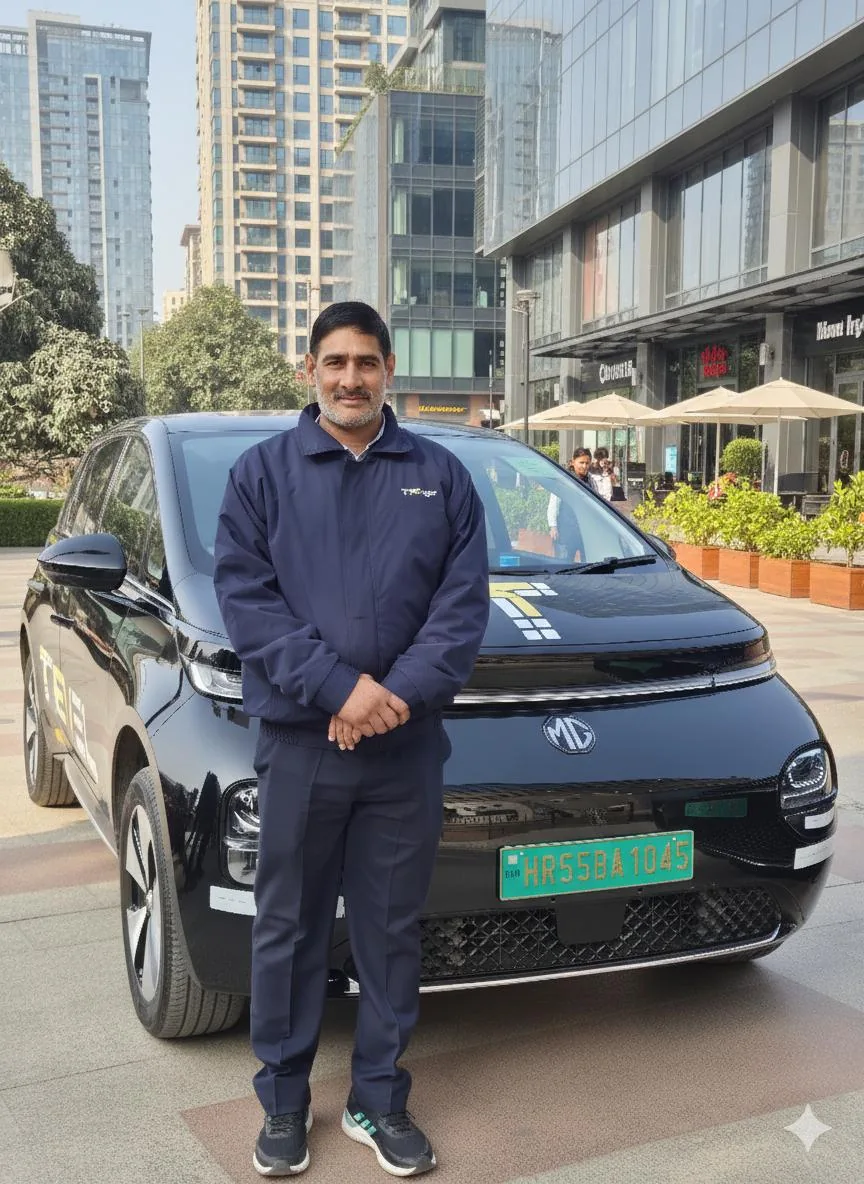 Trevel driver standing with branded MG EV cab