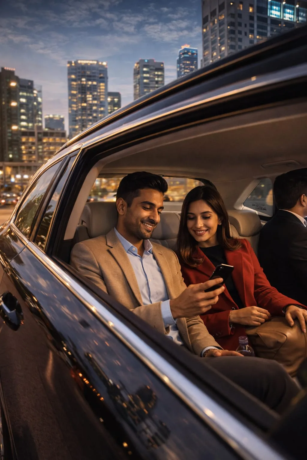 Couple enjoying city ride in Trevel EV cab with city skyline