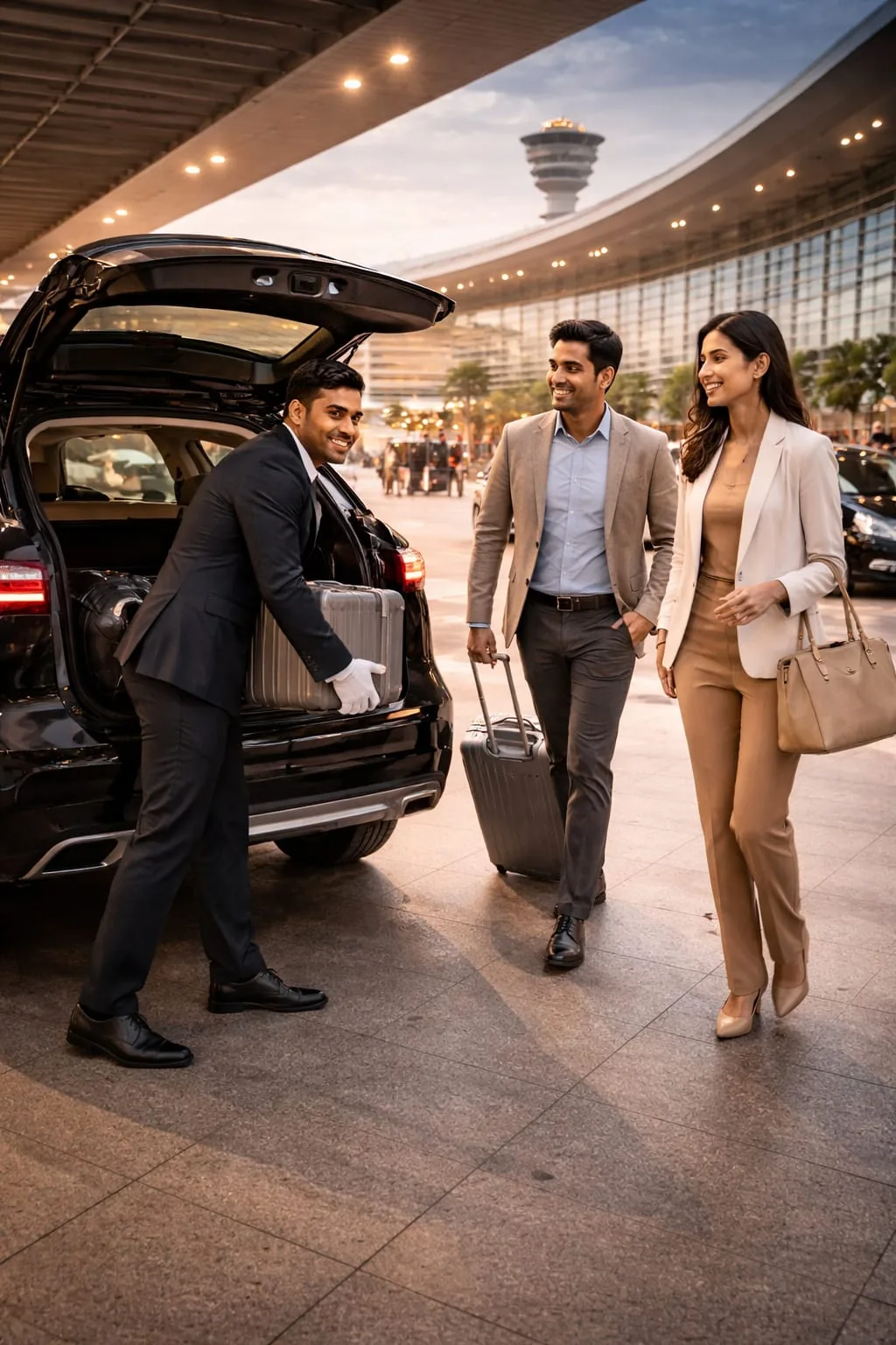 Trevel driver standing with EV cab for airport transfer