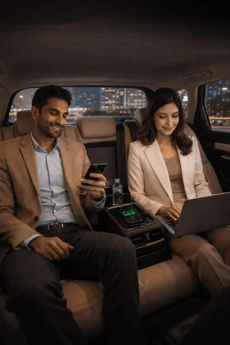Trevel EV cab cabin with passengers working during an hourly rental
