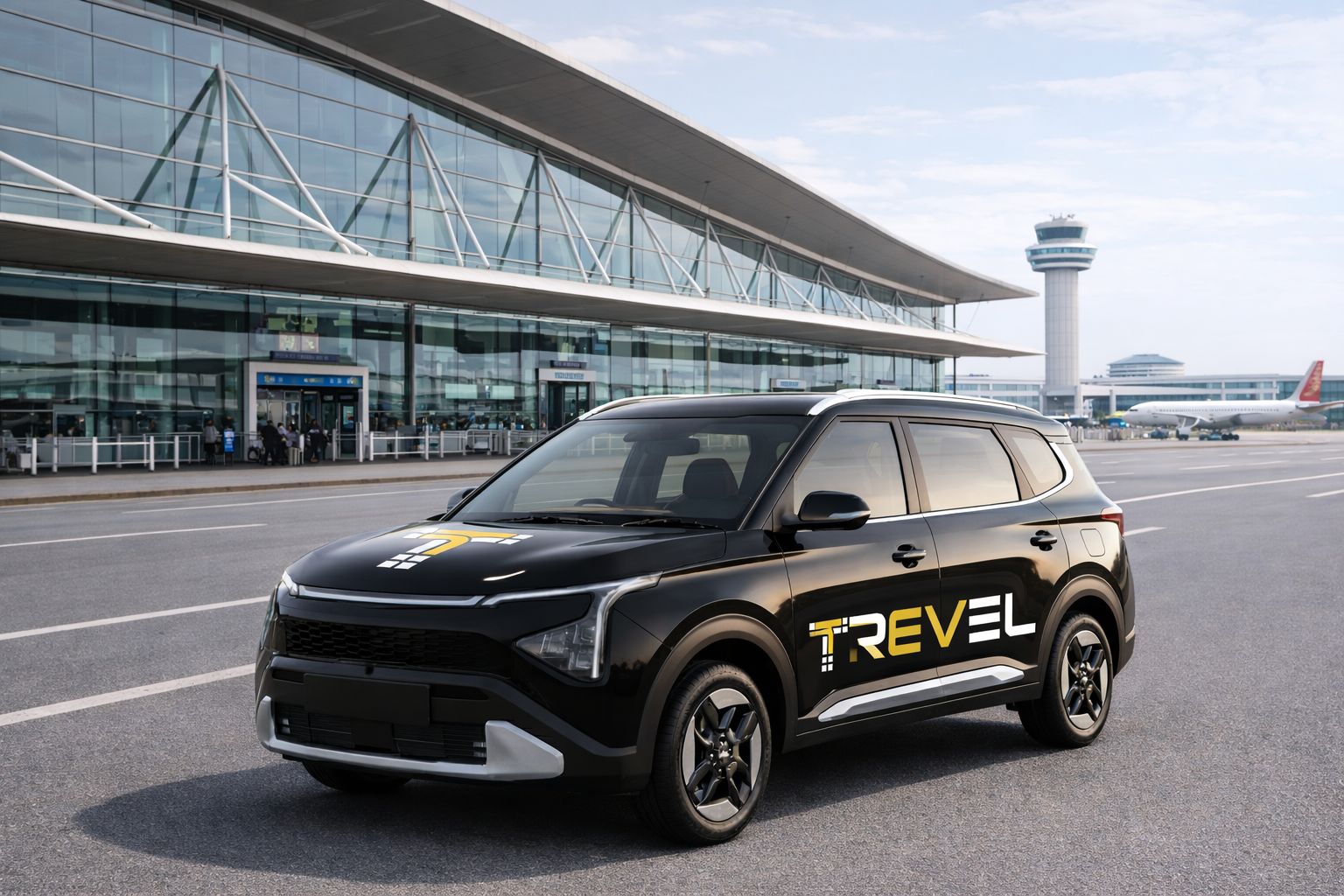 Trevel branded Kia EV cab in front of modern building