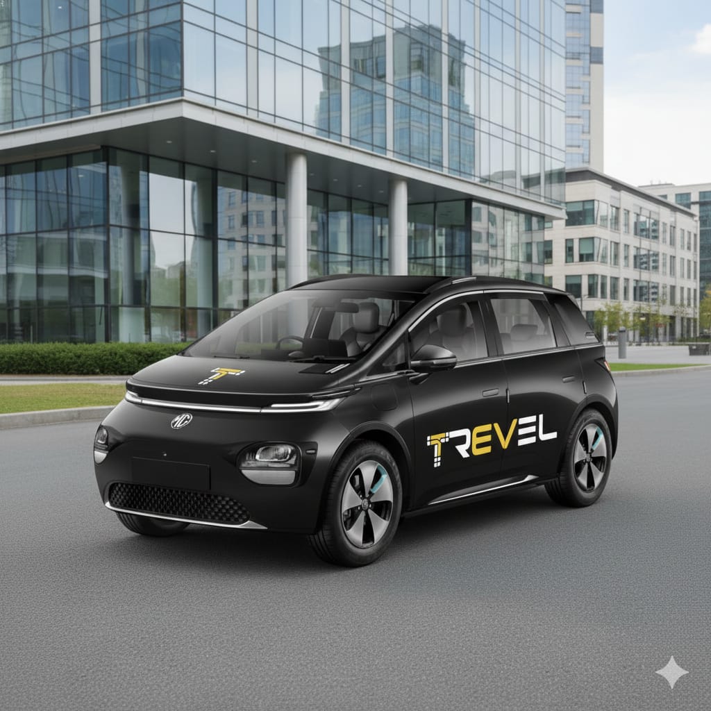 Trevel branded black EV cab in front of modern building